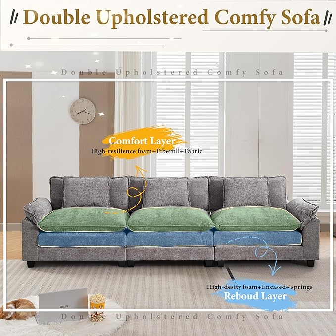 URRED Modular Sectional Sofa Comfy Cloud Couch, Modern Chenille Sofa Sleeper Deep Seat Couches with Ottoman/Pillows for Living Room (Gray, 117'')