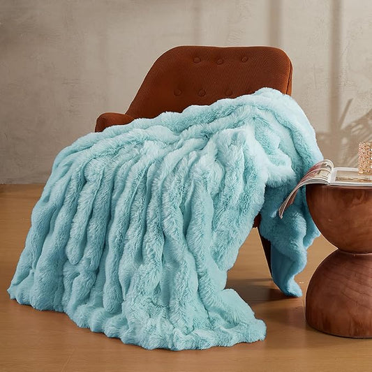 JELLYMONI Faux Fur Throw Blanket, Blue Cozy Plush Bubble Bed Blanket, Thick and Warm, King (108" x 90")