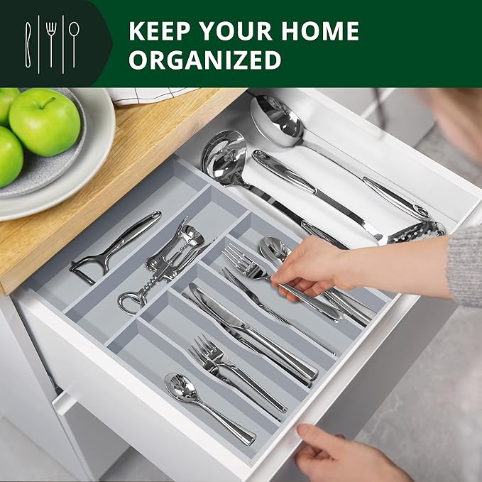 ROYAL CRAFT WOOD Luxury Bamboo Kitchen Drawer Organizer - Silverware Organizer - Utensil Holder and Cutlery Tray with Grooved Drawer Dividers for Flatware and Kitchen Utensils (7 Slot, Gray)