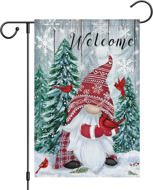 Heyfibro Welcome Christmas Garden Flag Winter Gnome Garden Flags 12x18 Double Sided Burlap Cardinals Snowflakes Snow Garden Yard Flags for Seasonal Outside Outdoor House Decoration (ONLY FLAG)