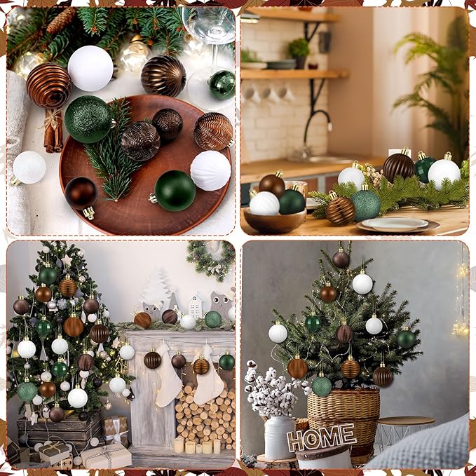64 Pcs Neutral Christmas Ball Ornaments Brown Green White Xmas Bulbs Ornament 1.6/1.97/2.4 Inch Vintage Xmas Baubles Assorted Size Modern Christmas Decoration for Tree Holiday Indoor Home Decor