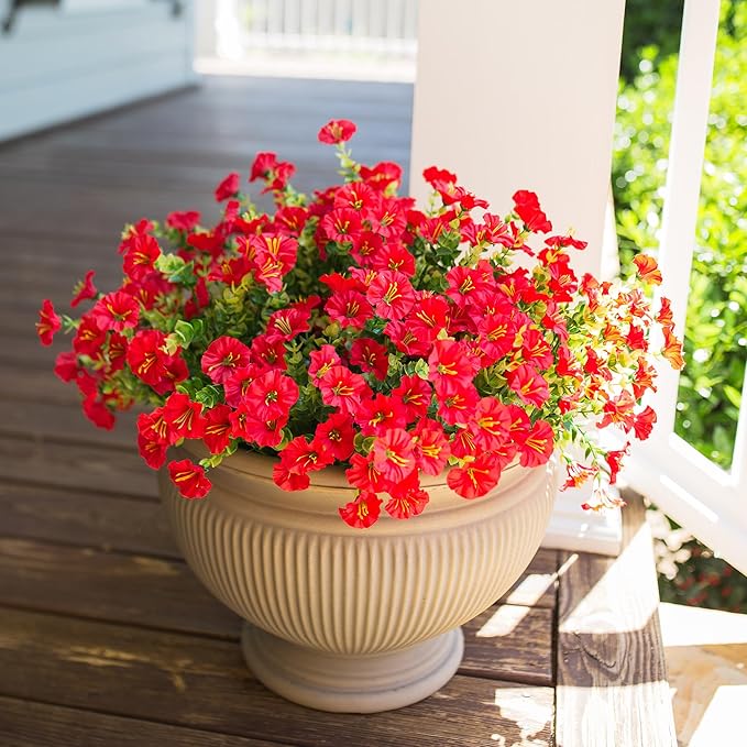 Artificial Flowers for Outdoors Fake Plants Outside Decoration, 12 Bundles Silk Red Morning Glory UV Resistant Look Real Faux Flowers for Planter Front Door Porch Patio Yard Gardens Balcony