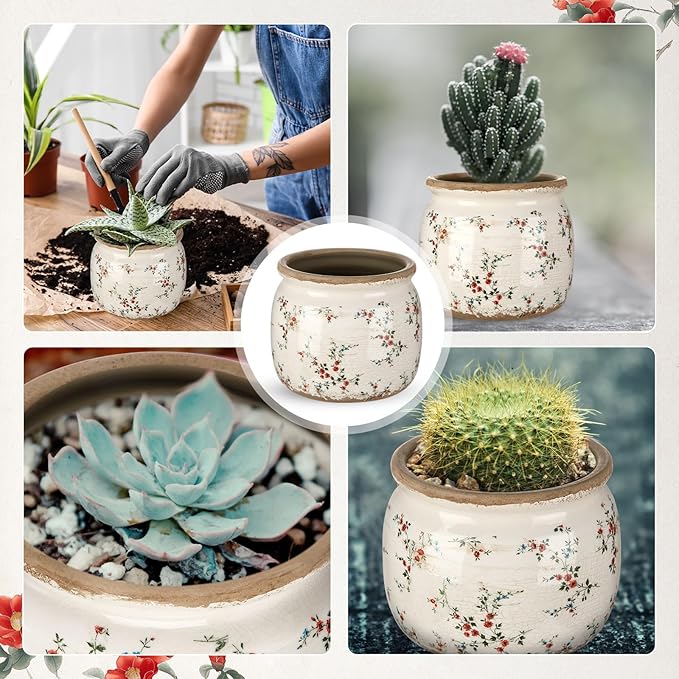 Vintage Planter Large Ceramic Plants Pot Beige Red Rustic Floral Ice Crack Cottage Scroll Vase Flower Vase Pot Indoor Plants Home Kitchen Decor Farmhouse Antique Decorative Gifts