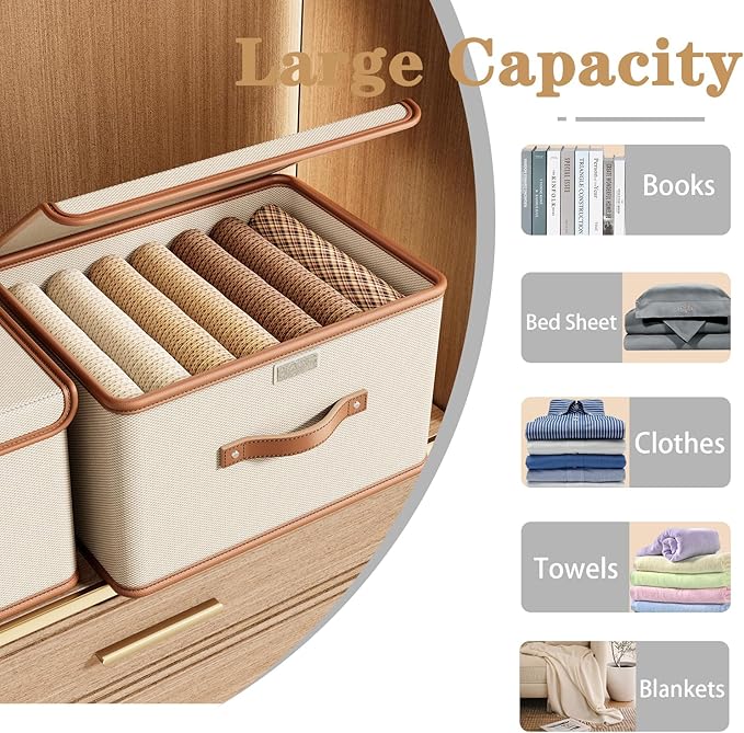 Tuza 2 Pack Storage Bins with Lids, Collapsible Closet Organizer Container, Fabric Organizer Box with Handles, Decorative Storage Boxes with Lids for Organizing Clothes, Books, File, White, Medium