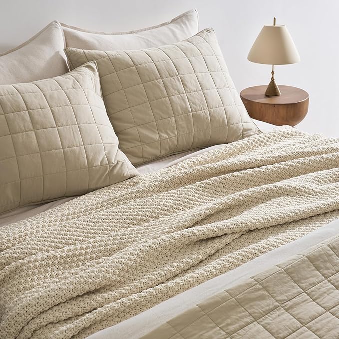 EVERGRACEHOME Chunky Chenille Knit Throw Blanket for Couch, Soft Luxurious Oversized Queen Moss Stitch Blanket for Bed, Large Cozy Farmhouse Knitted Throw for Sofa, Beige, 90" x 90"