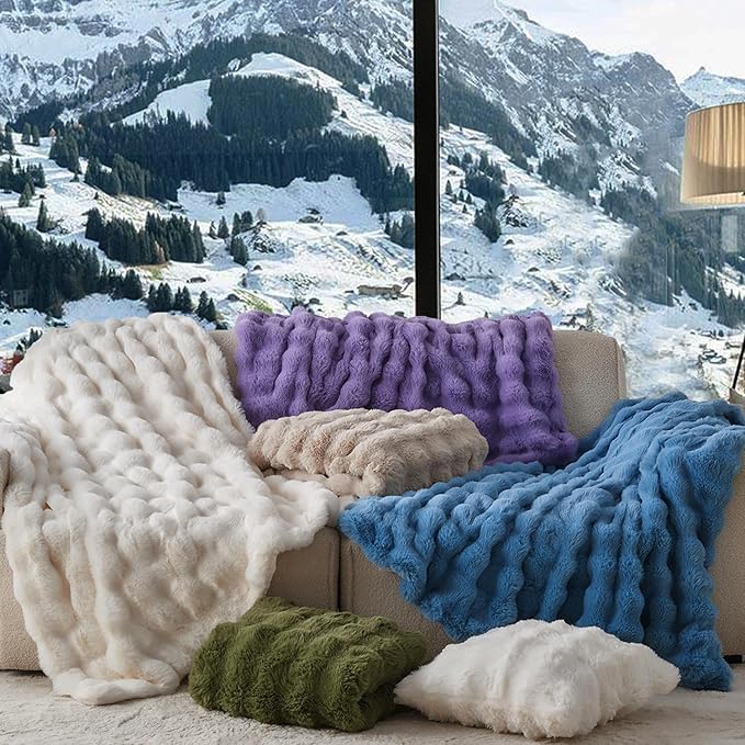 Lotus Karen King Size Faux Fur Blanket Cream White - Big Bubble Rabbit Fluff Throw for Bed Large Fluffy Fuzzy Cozy Thick Furry Plush Shaggy Blankets 108x90 Inches