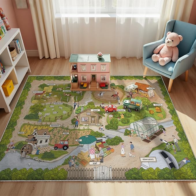 5x7ft Kids Farm Adventure Play Rug,Non-Slip Faux Wool Carpet with Interactive English Words, Educational Travel Map Design for Playroom, Bedroom, Nursery Gift