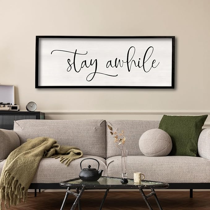 Stay AWhile Sign Wall Decor Sign 40"X15" Large Living Room Entryway Wood Framed Rustic Wall Decor for Vintage Farmhouse Foyer Hanging Lets Stay Home Wall Art (Black)