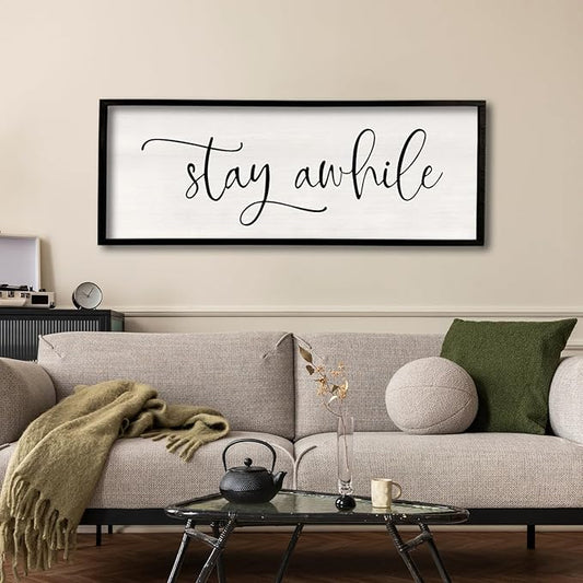 Stay AWhile Sign Wall Decor Sign 40"X15" Large Living Room Entryway Wood Framed Rustic Wall Decor for Vintage Farmhouse Foyer Hanging Lets Stay Home Wall Art (Black)