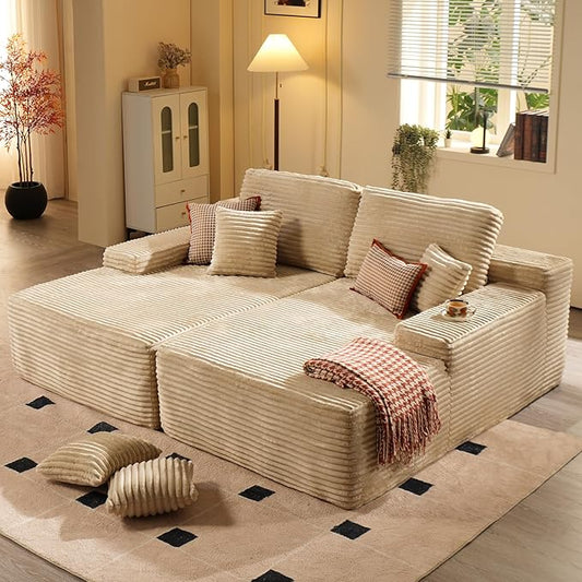 ovios 81" Oversized Sectional Double Lounge Chaise with Cloud Plush Sofa Bed, No Assembly Required, Fluffy Modern Sleeper Loveseat Chair for Indoor Living Room Bedroom Reading, Beige (Plush Fabric)