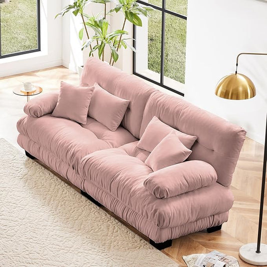 Loveseat Modular Sectional Sofa, Cloud Couch 2 Seater Sectional Couch Home Sofa Living Room Oversized Couch, Modern Deep Seat Couch with Chaise with Round Bolster Armrests 4 Pillows(Pink)