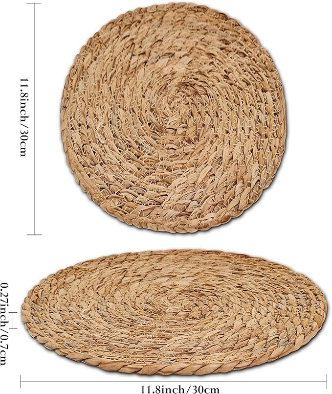 Defined Deco Woven Placemats Set of 4,12" Round Rattan Placemats,Natural Hand-Woven Water Hyacinth Placemats,Farmhouse Weave Place Mats,Rustic Braided Wicker Table Mats for Dining Table,Home,Wedding.