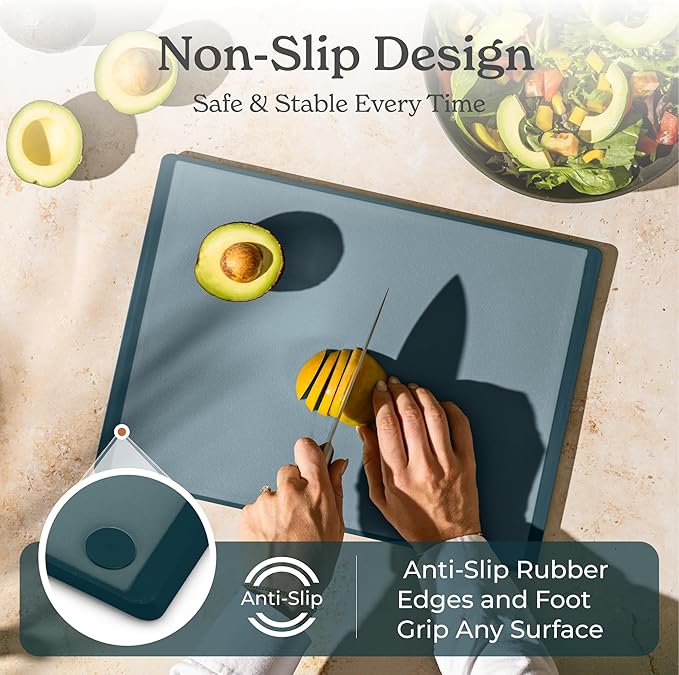 SMIRLY Plastic Cutting Board Set with Holder 4 Pieces, Non-Slip Dishwasher Safe Chopping Boards for Kitchen, Blue