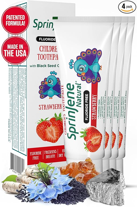 SprinJene Natural Kids Toothpaste, Strawberry | Natural Children’s Toothpaste | Fluoride Free Toothpaste for Toddlers | 4 Pack