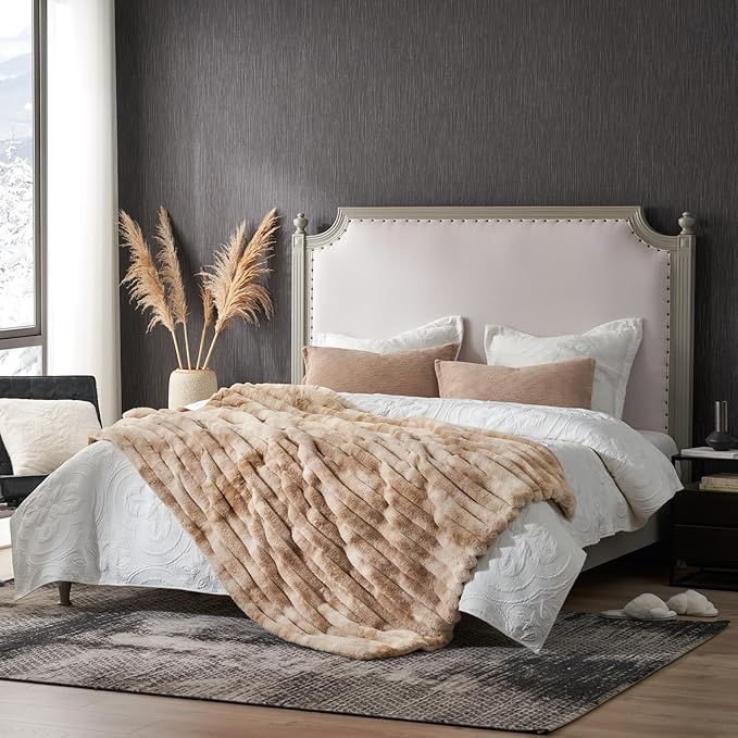 Cozy Bliss Faux Fur Throw Blanket for Couch, Cozy Warm Plush Striped Blanket for Sofa Bedroom Living Room, 60 * 80 Inches Tie-dye Kahki