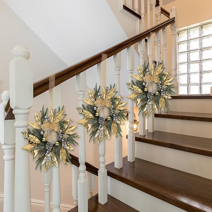 6 Pcs 9 Inch Christmas Wreaths for Kitchen Cabinet Artificial Pine Hanging Cedar Wreath with Christmas Balls Golden Twigs and Silver Berries for Front Door Xmas Winter Farmhouse Home Decorations