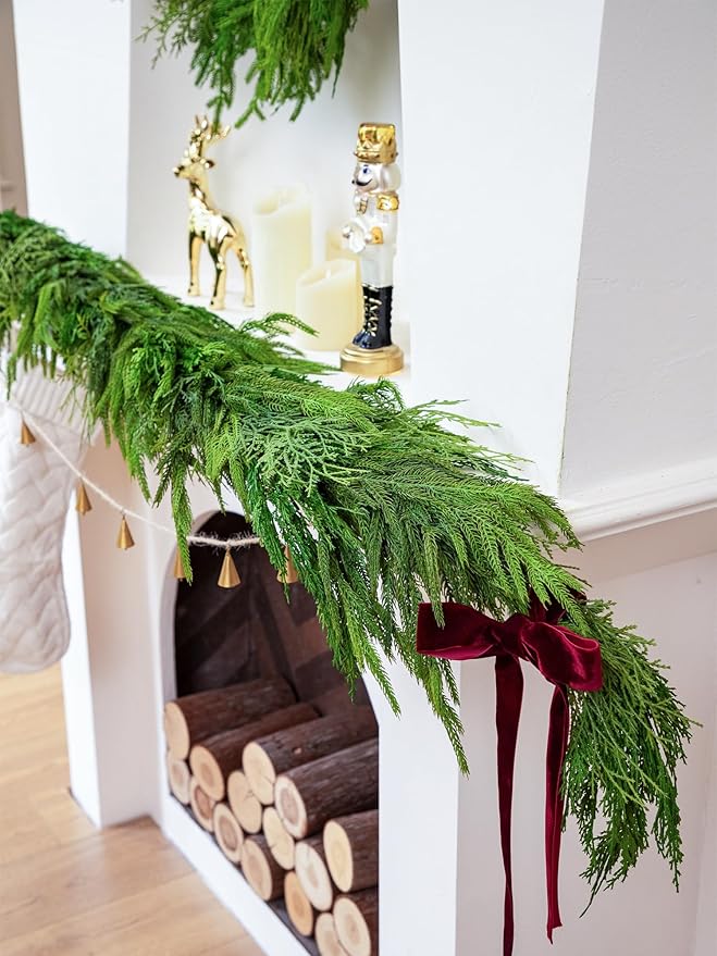 6FT Norfolk Pine Garland Real Touch Cedar Cypress Pine Garland Christmas Greenery for Mantle Stairs Table Window Front Door Christmas Decorations Xmas Decor