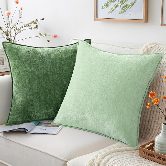 decorUhome Couch Throw Pillow Covers 20x20 Set of 2, Decorative Soft Euro Neutral Chenille Pillow Covers with Elegant Design for Sofa Bed Living Room Home Decor, Sage Green