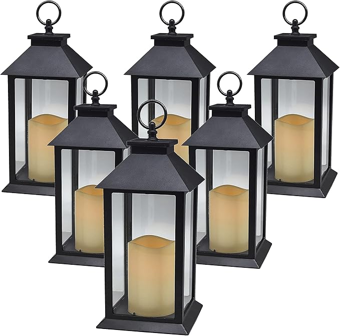 Hanging Glass Panes Lantern Portable Led Candle Light Operated by 3AAA Battery Use for Garden Yard, Indoor & Christmas Day Decoration etc,Pack of 6(Black)