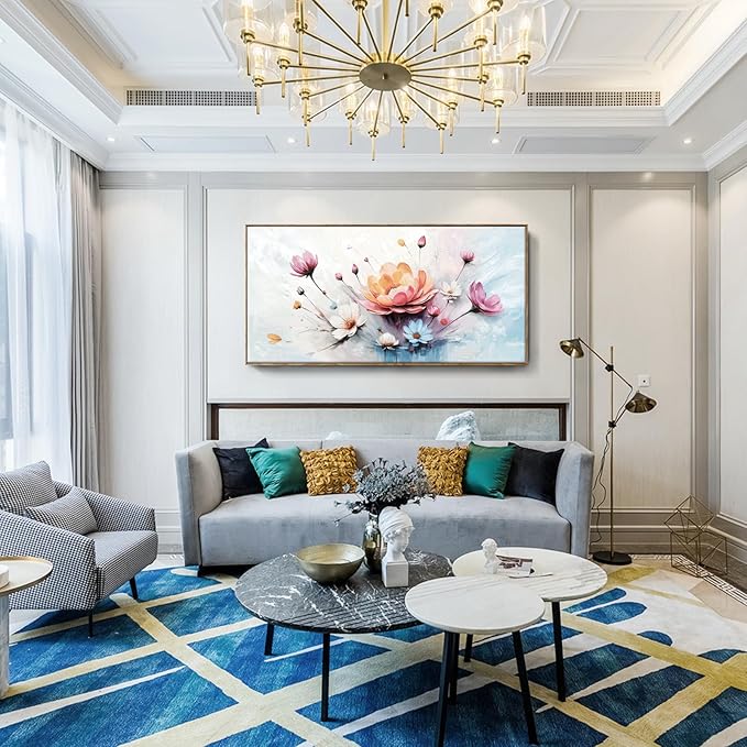 amatop Framed Floral Canvas Wall Art – Oversized Pink Blue Abstract Bloom Flower Print Daisy & Peony Picture Elegant Botanical Nature Large Artwork for Living Room Bedroom Dining Entryway Decor 58x29 inch