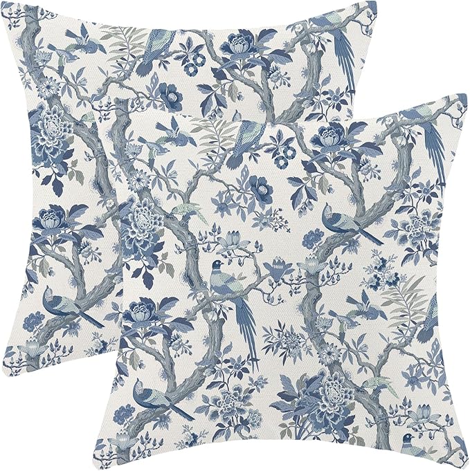 CXMEIFLY Spring Pillow Covers 18 x 18 Inch Set of 2 for Navy Blue Chinoiserie Flowers Bird Decor Throw Pillows Vintage Floral Plant Outdoor Decorative Cushion Cases for Couch Bed Decorations