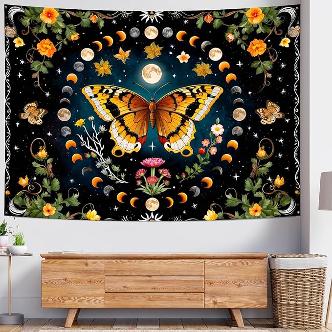 Delur Butterfly Moon Flower Tapestry Botanical Floral Plant Boho Tapestry Wall Hanging Mandala Aesthetic Mushroom Retro Vintage Headboard for Bedroom Living Room Home Decor (51.2" x 59.1")