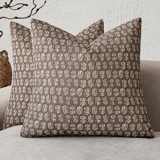Foindtower Set of 2 Decorative Vintage Floral Print Throw Pillow Covers Neutral Modern Farmhouse Cushion Covers Boho Home Decor for Sofa Couch Chair Bedroom Living Room,20×20 Inch,Brown