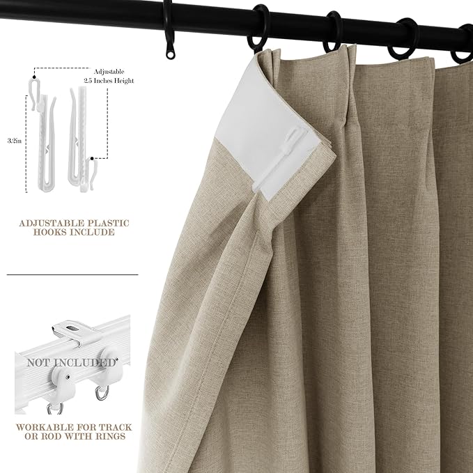 100" W x 84" L Faux Linen Room Divider Curtains, Full Blackout Pinch Pleated Drapes for Traverse Rod, Bedroom Divider Privacy Drapery with Hooks for Ceiling Track, 1 Panel, Light Khaki