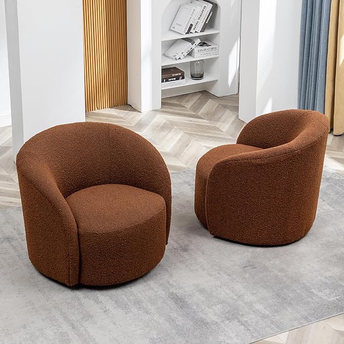 KINWELL 34" W Swivel Barrel Chair Set of 2, Mid Century Modern Round Upholstered Boucle Swivel Accent Chairs, No Assembly Sofa Chair for Living Room Bedroom Reading, Brown