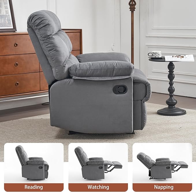 Rocker Recliner Chair, Overstuffed Manual Rocking Recliner for Adults, Upholstered Comfy Soft Fabric Living Room Reclining Sofa Chair(Gray)