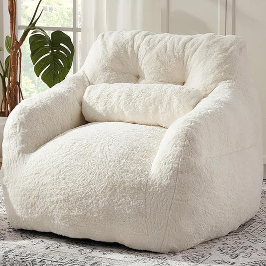 Bean Bag Chair for Adults with Pillow,Oversized Bean Bag Couch Chairs for Adults,Giant Lazy Couch Sofa Chairs with Filler,Large Reading Chair for Living Room Bedroom,White