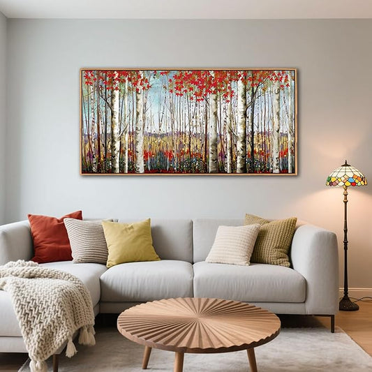 Large Framed Wall Art for Living Room Birch Tree Wall Decor Red Forest Painting Artwork Wall Decoration Nature Pictures Wall Art Fall Above Bed Wall Decor