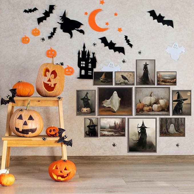 LANCHI95 12 Pcs Halloween Wall Art Prints, Vintage Witch Posters, Cute Ghost Pictures for Bedroom Decor (UNFRAMED)