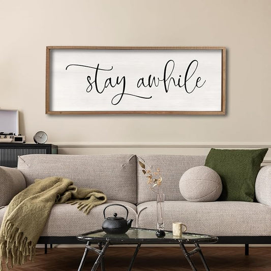 Stay Awhile Sign Wall Decor Sign 40"X15" Large Living Room Entryway Wood Framed Rustic Wall Decor for Vintage Farmhouse Foyer Hanging Lets Stay Home Wall Art (Wood)