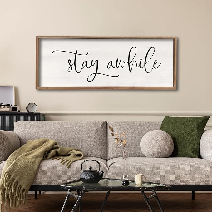 Stay Awhile Sign Wall Decor 32"X12" Large Living Room Entryway Wood Framed Rustic Wall Decor for Vintage Farmhouse Foyer Hanging Lets Stay Home Wall Art (Wood)