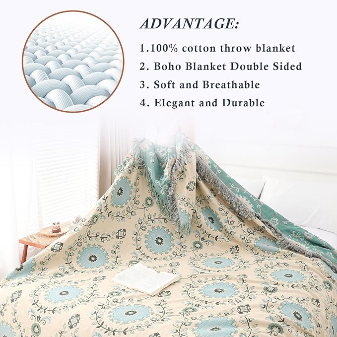 Snycler Boho Throw Blanket for Bed - 100% Cotton Ultra Soft Rustic Quilt - Blue Boho Floral Printed Farmhouse Decor Bed Blankets, 60"×80" All Season Rustic Throw for Sofa Couch Chair