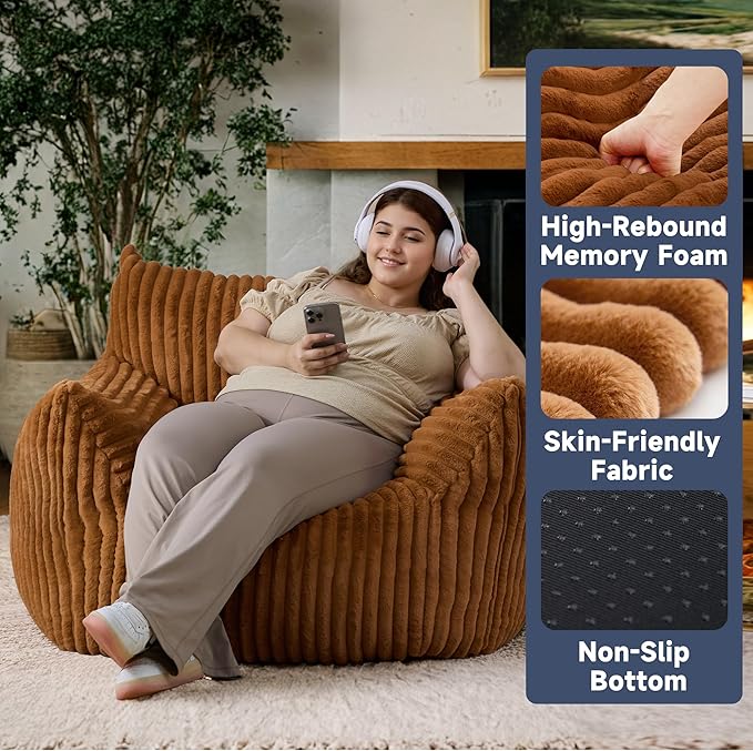 Oversized Bean Bag Chair for Adults, Giant Comfy Plush Boneless Bean Bag Couch with Filler for Kids - Reading Chair for Living Room, Bedroom & Dorm, Single Accent Chair Floor Lounger, Orange