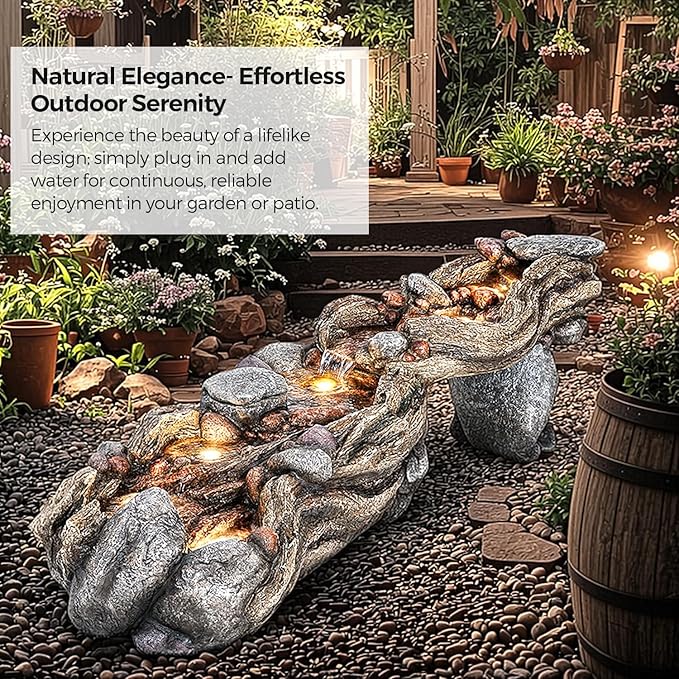 60" Long Cascading Outdoor Rock Water Fountain, 5-Tier Tranquil River Waterfall, Realistic Rock Design, Serene Flowing Water Sound for Outdoor Garden, Patio, Landscaping, Home Decor