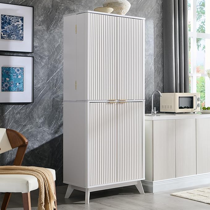 OKD Fluted Kitchen Pantry, 72" Tall Mid Century Modern Storage Cabinet with Adjustable Shelves & Door Organizer, Wood Cabinet for Kitchen, Living Room, Solid White