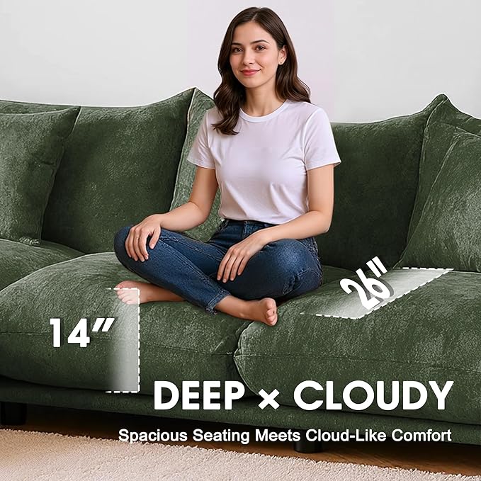 Modern Minimalist Chenille Modular Sectional Sofa, Deep-Seat 3-Seater L-Shaped Couch with Movable Ottoman and Thick Cushions, Upholstered Sofa for Living Room, Bedroom, Office, Apartment(Green L Sofa)