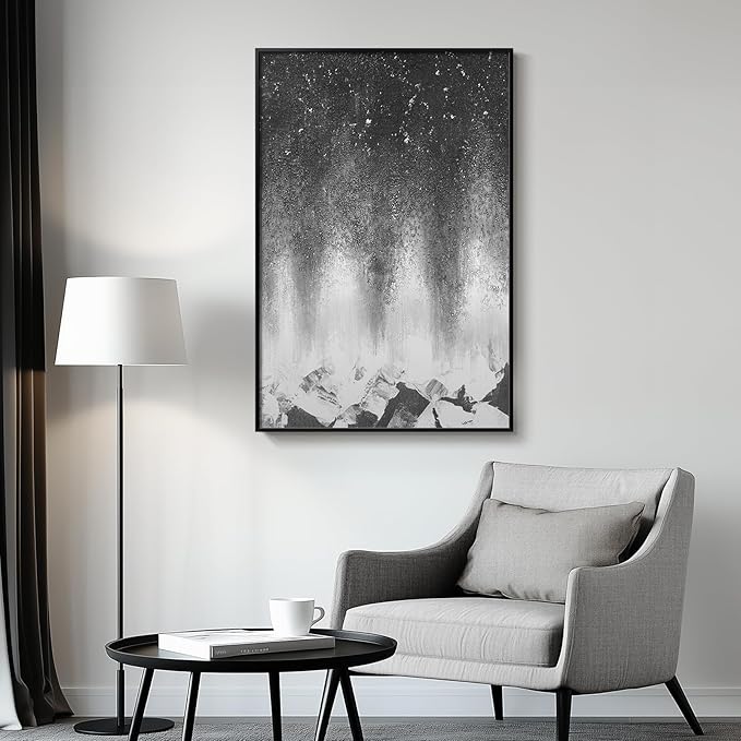 Framed Black and White Abstract Wall Art, Modern Large Canvas Paintings Artwork for Walls, Minimalist Abstract Starry Night Art Prints Pictures for Living Room Hallway Bedroom Office Bathroom Wall Decor 24x36 Inch