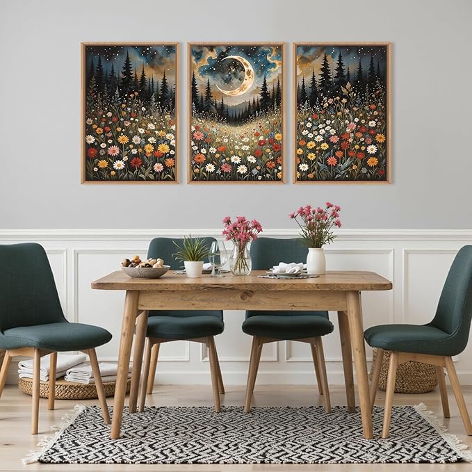 HPINUB Wildflower Moon Pine Tree Framed Canvas Wall Art Set,Nature Forest Wall Decor,Mystical Starry Night Artwork Rustic Mountain Landscape Art Print for Living Room,Bedroom,Office-24 x36 x3