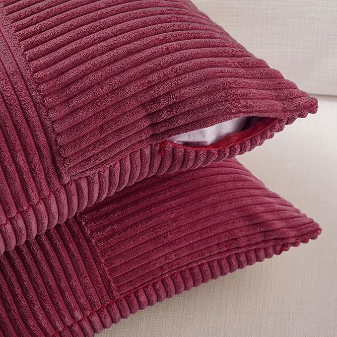 Fancy Homi 2 Packs Burgundy Lumbar Decorative Throw Pillow Covers 14x24 Inch for Living Room Couch Bed, Farmhouse Boho Home Decor, Soft Striped Corduroy Rectangle Accent Cushion Case 35x60 cm