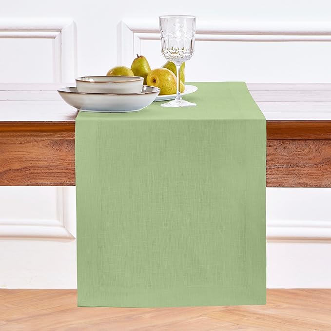 Solino Home Linen Table Runner 72 Inches Long - 100% Pure Linen Laurel Green Dining Table Runner 14 x 72 Inch for Fall, Autumn, Thanksgiving - Fete