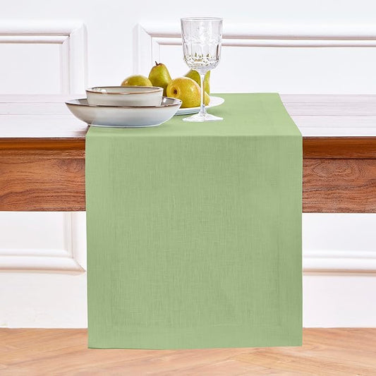 Solino Home Linen Laurel Green Table Runner 36 Inches - 100% Pure Linen Farmhouse Short Table Runner 14 x 36 Inch Ideal for Dresser and Coffee Tables - Fall, Autumn, Thanksgiving - Fete