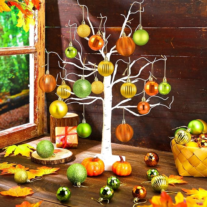 64 Pcs Fall Ball Ornaments Matt Glitter Lime Green Gold Orange Tree Ornament 1.6/1.97/2.4 Inch Autumn Thanksgiving Hanging Bulbs Fall Decorations for Home Tree Holiday Office Party Decor