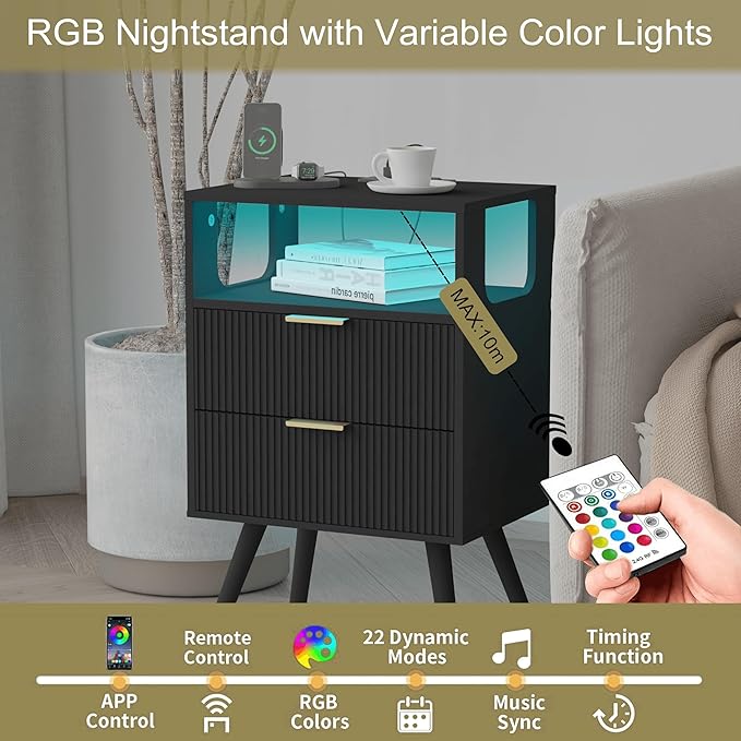 Black Nightstand with Charging Station and LED Lights,Modern Bedside Table with 2 Storage Drawer and Open Wood Shelf, for Bedroom and Small Spaces,Night Stand with Solid Wood Legs,Black