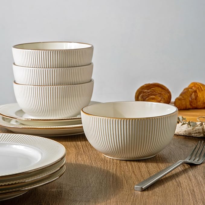 GBHOME Ceramic Dinnerware Sets,12 pcs Embossed Elegant Stoneware Plates and Bowls Sets, Housewarming Wedding Gift | Dishwasher & Microwave Safe | Dishes Set Service for 4