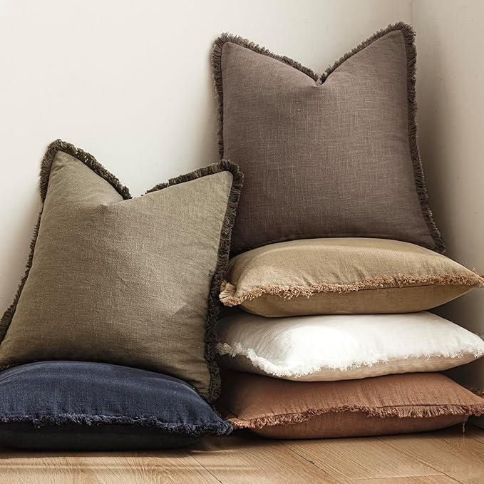 Foindtower Decorative Linen Fringe Throw Pillow Covers Cozy Boho Farmhouse Cushion Cover with Tassels Soft Accent Pillowcase for Chair Sofa Bed Living Room Home Decor, 16×16 Inch,1PC,Light Coffee
