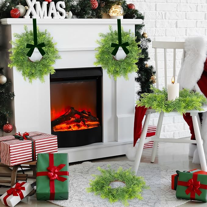6 PCS Mini Christmas Wreaths for Kitchen Cabinets Artificial Green Norfolk Cedar Wreaths with Bow for Christmas Decorations Window Door Fireplace Chairs Wall Staircase Indoor Outdoor Home Decor